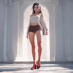 young beautiful woman modeling fashion in white top and brown shorts