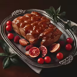 there is meat with some cherry around the bowl and two pieces of fruit