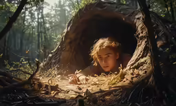a child is looking out of a cave on the ground
