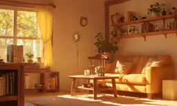 a living room with a couch and bookcases on a shelf