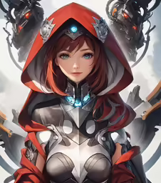 a girl dressed as a warrior standing next to an alien creature