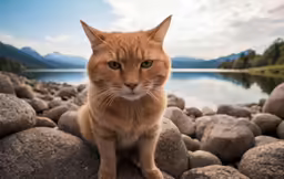 a cat that is sitting on rocks