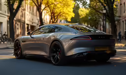 a gray sports car sits on the side of a city street