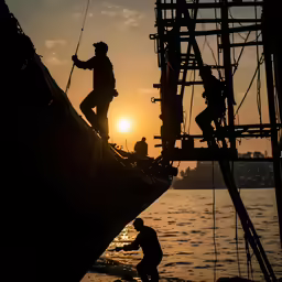 men stand on top of the mast of a ship