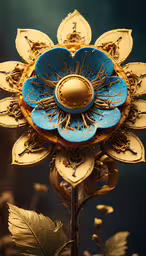 a close - up of a decorative blue and gold flower,a decorative metal object with many blue flowers