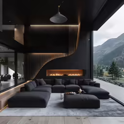 a modern living room is lit up by an led fireplace