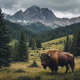 a large buffalo is standing in front of mountains