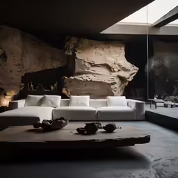 a large wooden coffee table with cushions in a living room