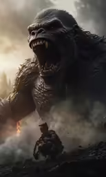 an art print of godzilla fighting in the jungle