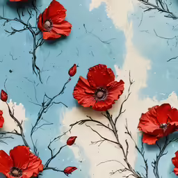 a flower painting is displayed with red leaves