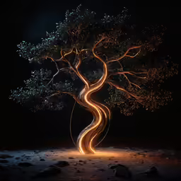 the lights of a twisting tree glow brightly