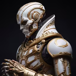 a toy with white and gold armor on his chest