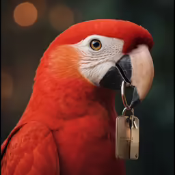 close up photograph of a parrot with a key ring