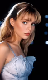 a close up of a woman wearing blue