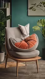 an armchair with cushions on it next to a potted plant