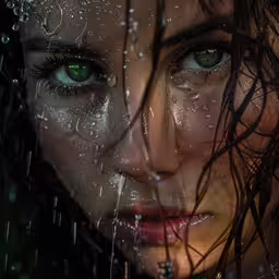 a woman with water dripping from her head and wet hair,a close up view of a woman