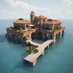 an aerial view of a building built on the water