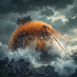 this is an oil painting with strange creature on the clouds