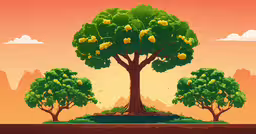 an abstract illustration depicting a tree with leaves and flowers,a yellow tree with flowers is on an island
