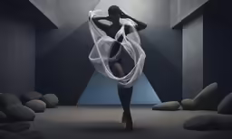 a woman is performing ballet in a dark room