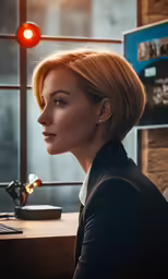a lady wearing a black blazer sitting in front of a computer