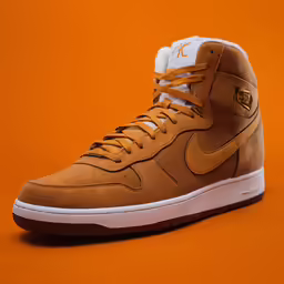 a shoe with orange and white sneakers on an orange background