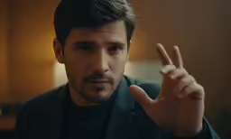 man making hand gesture in dimly lit area