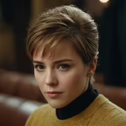 a close - up of a woman in a beige sweater with a serious look on her face