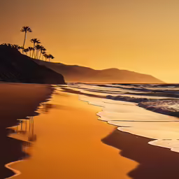 the sun is setting at the beach near palm trees