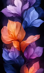 a bunch of purple and orange leaves on black
