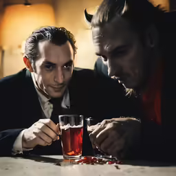 two men sitting at a table with one holding a glass