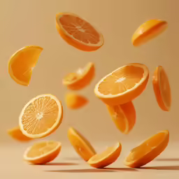 an orange is falling into the air while sliced oranges are falling on them