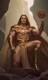 a man dressed as a greek warrior in costume standing in front of a mountain