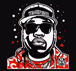 the image of rapper p is a portrait in black and red,the rapper in sunglasses and a baseball cap