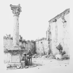 the remains of a large, crumbling and destroyed house in the town