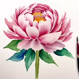 watercolor painting with a flower and green leaves,the watercolor drawing is done on paper with an empty cup