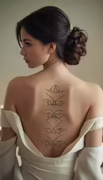 a woman in a dress is wearing a back tattoo