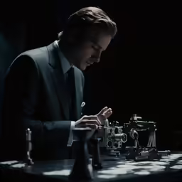 a man in a suit leaning over a chess board