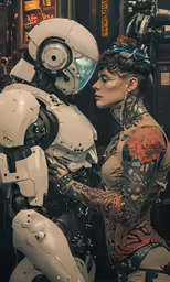 a beautiful woman in her tattoos next to a robot