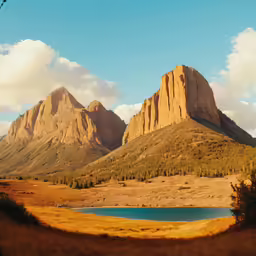 a large body of water sits between two mountains