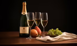 a glass of wine is shown next to glasses of wine, and fruit