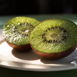 the sliced kiwi is sitting on the plate