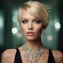 a beautiful blond woman wearing jewelry and jewelry,a close up photo of a woman with very beautiful jewellery