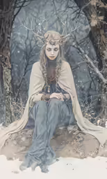an image of a woman in the snow with antlers on her head