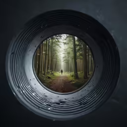 a man is seen through the center of a metal object