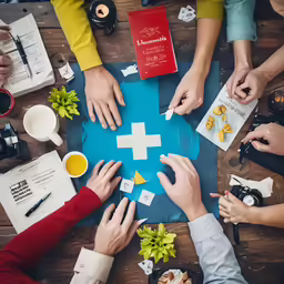 group of people reaching together over a table