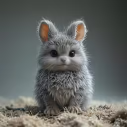 a baby grey kitten sits on a bed and stares into the camera