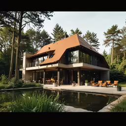 an exterior view of a large house with a pool