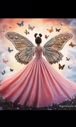there is a woman in a long pink dress with many butterflies around her