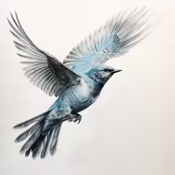 a drawing of a blue bird flying high up,the blue and gray bird has its wings spread wide
